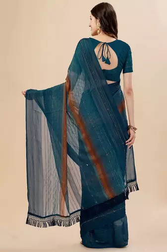 teal teal & brown striped beads & stone work pure chiffon saree