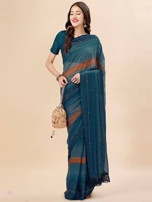 teal teal & brown striped beads & stone work pure chiffon saree 4