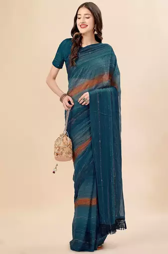 teal teal & brown striped beads & stone work pure chiffon saree