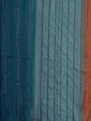 teal teal & brown striped beads & stone work pure chiffon saree 5