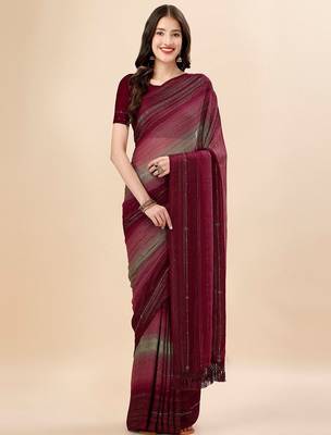 maroon maroon & green striped stone work pure chiffon saree 1