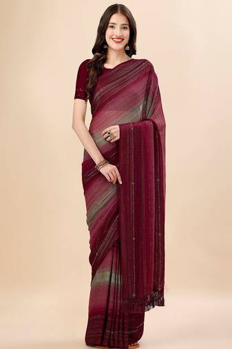 maroon maroon & green striped stone work pure chiffon saree