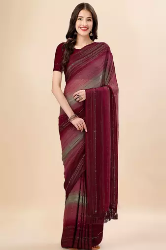 maroon maroon & green striped stone work pure chiffon saree