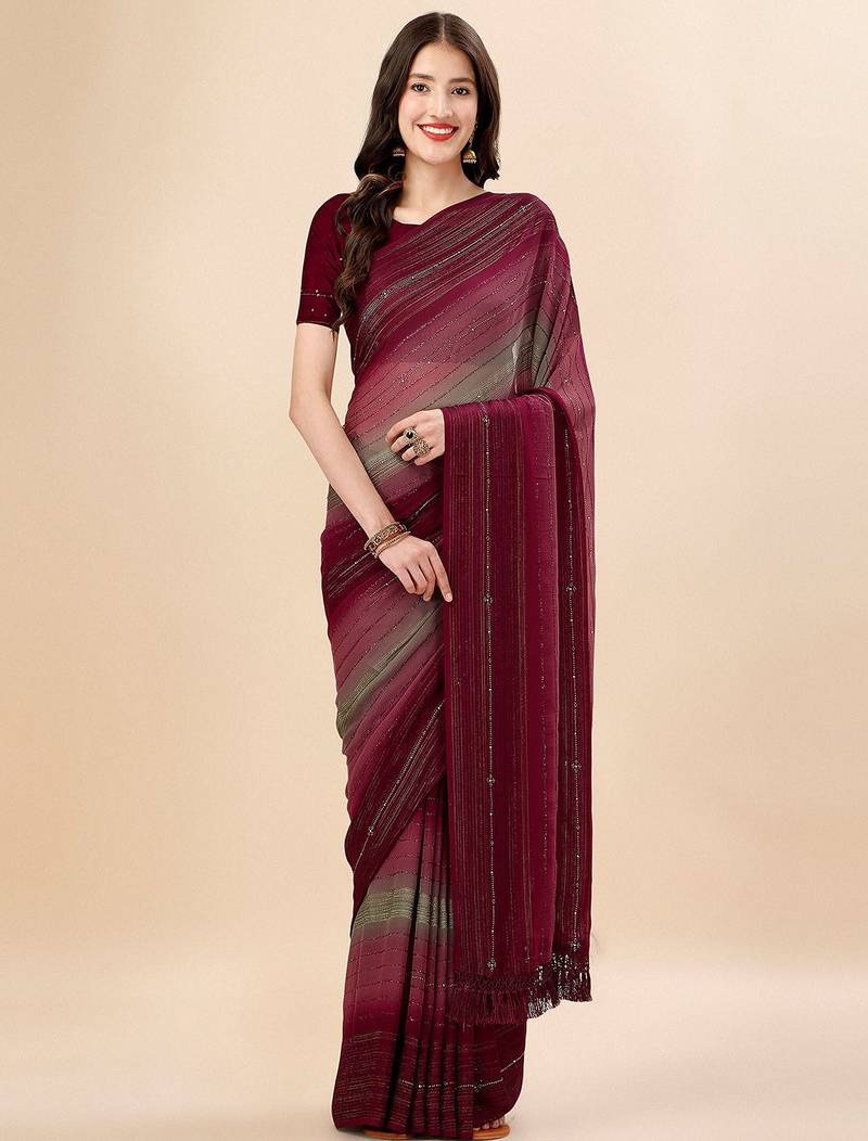 maroon maroon & green striped stone work pure chiffon saree