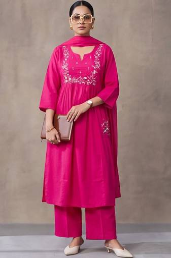 women ethnic thread work cotton kurta with trousers & with dupatta