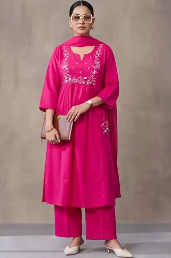 women ethnic thread work cotton kurta with trousers & with dupatta