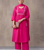 women ethnic thread work cotton kurta with trousers & with dupatta