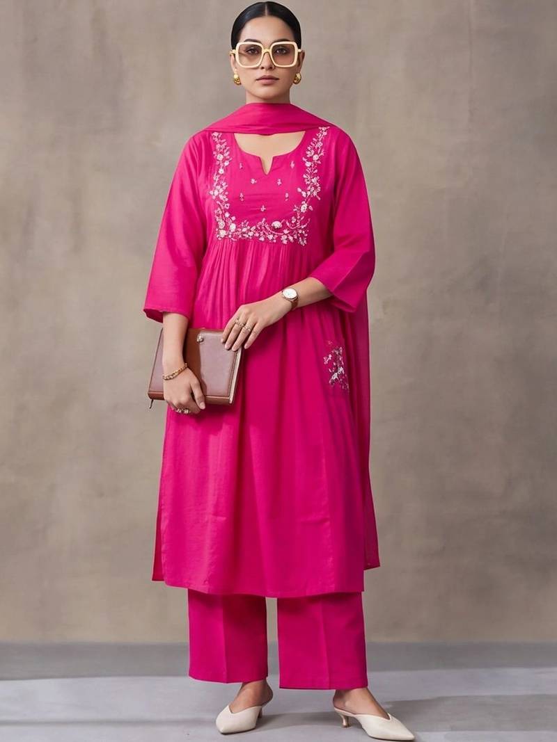 women ethnic thread work cotton kurta with trousers & with dupatta