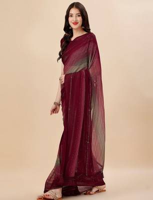 maroon maroon & green striped stone work pure chiffon saree 2