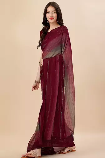 maroon maroon & green striped stone work pure chiffon saree