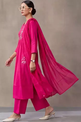women ethnic thread work cotton kurta with trousers & with dupatta