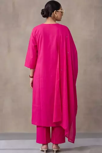 women ethnic thread work cotton kurta with trousers & with dupatta