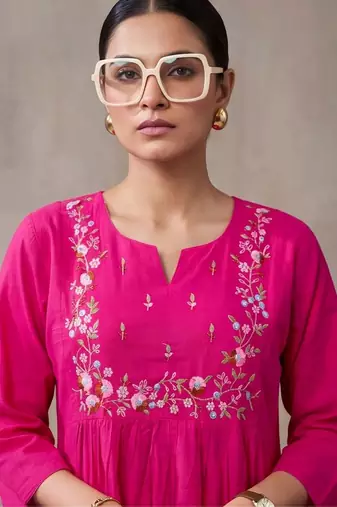 women ethnic thread work cotton kurta with trousers & with dupatta
