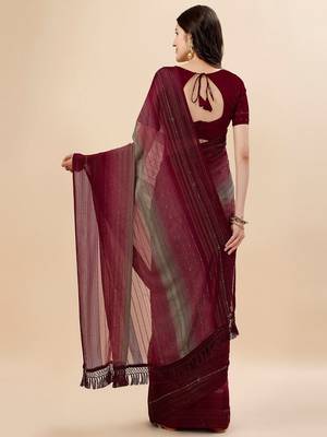 maroon maroon & green striped stone work pure chiffon saree 3