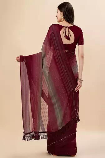 maroon maroon & green striped stone work pure chiffon saree