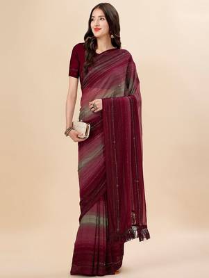 maroon maroon & green striped stone work pure chiffon saree 4