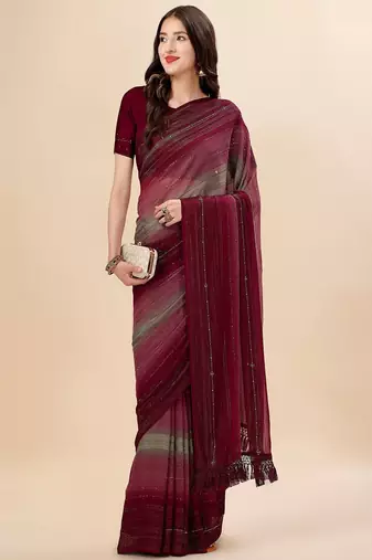 maroon maroon & green striped stone work pure chiffon saree