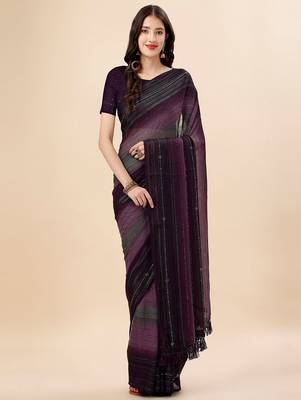 magenta magenta & black striped beads & stone work pure georgette saree 1