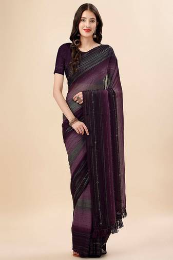 magenta magenta & black striped beads & stone work pure georgette saree