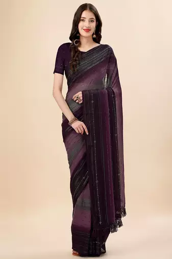 magenta magenta & black striped beads & stone work pure georgette saree