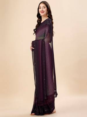 magenta magenta & black striped beads & stone work pure georgette saree 2