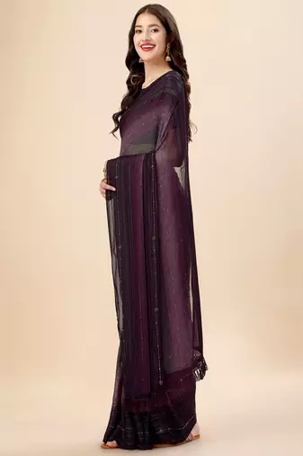 magenta magenta & black striped beads & stone work pure georgette saree