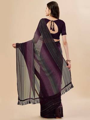 magenta magenta & black striped beads & stone work pure georgette saree 3