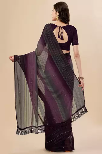 magenta magenta & black striped beads & stone work pure georgette saree
