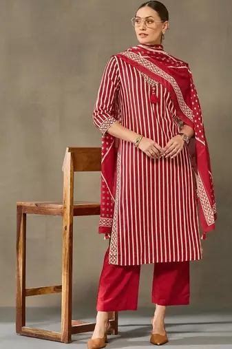 women printed regular cotton kurta with trousers & with dupatta