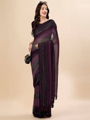magenta magenta & black striped beads & stone work pure georgette saree 4