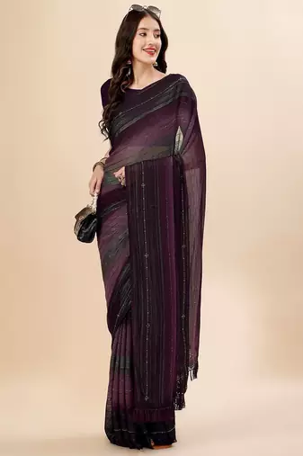 magenta magenta & black striped beads & stone work pure georgette saree