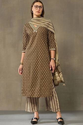 women printed regular cotton kurta with palazzos & with dupatta