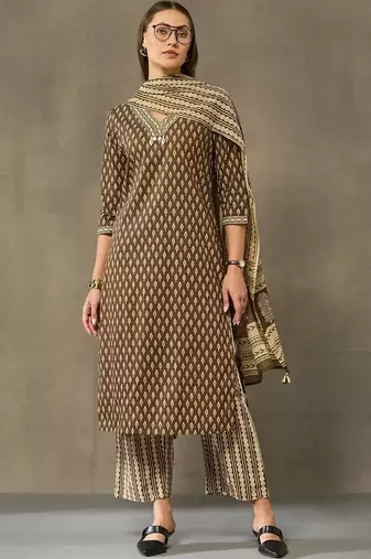 women printed regular cotton kurta with palazzos & with dupatta