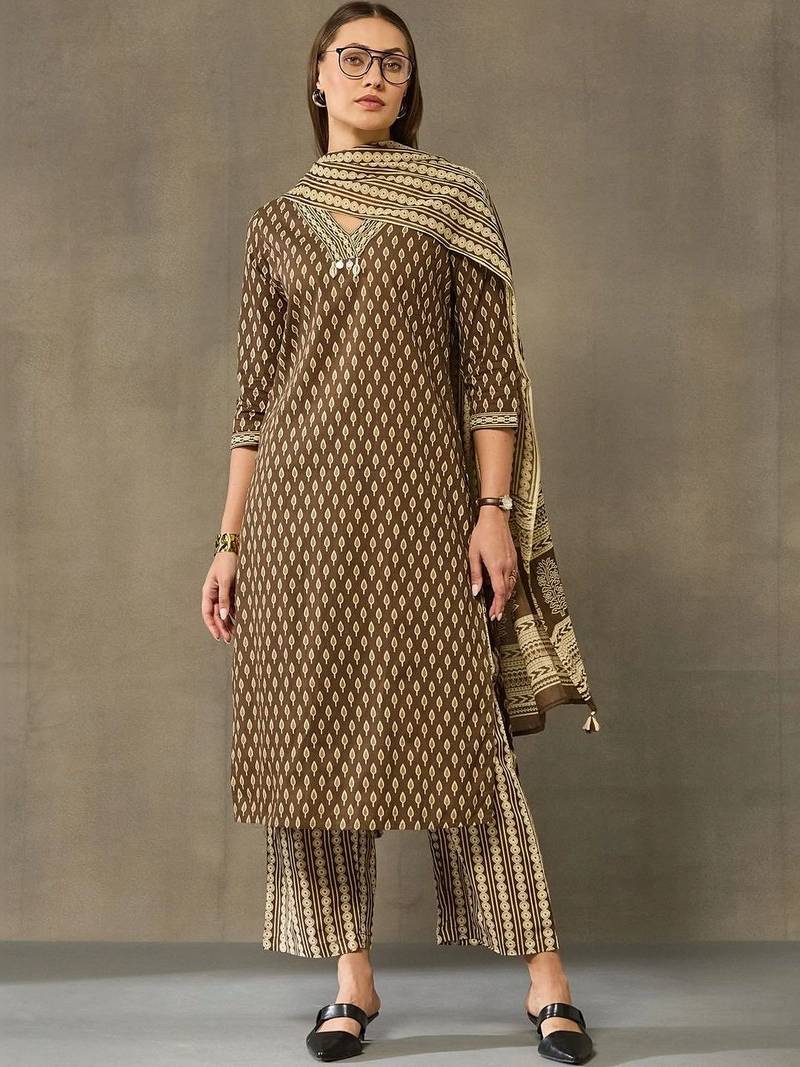 women printed regular cotton kurta with palazzos & with dupatta