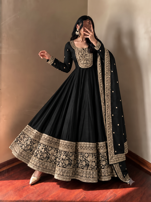 Women's black heavy zari & sequins work anarkali suit set with straight pant and embroidered dupatta 2