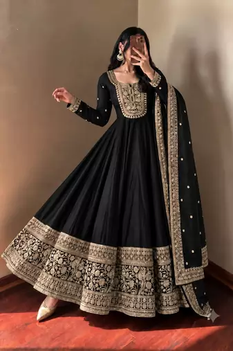 Women's black heavy zari & sequins work anarkali suit set with straight pant and embroidered dupatta