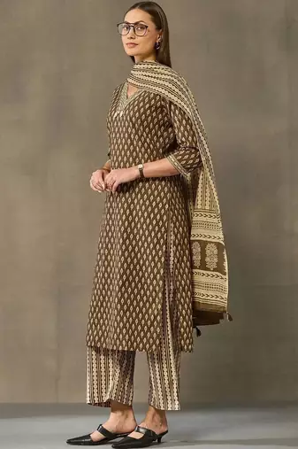 women printed regular cotton kurta with palazzos & with dupatta