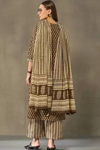 women printed regular cotton kurta with palazzos & with dupatta