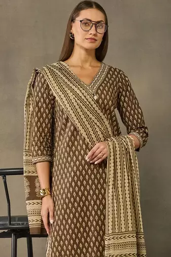 women printed regular cotton kurta with palazzos & with dupatta