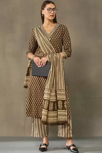 women printed regular cotton kurta with palazzos & with dupatta
