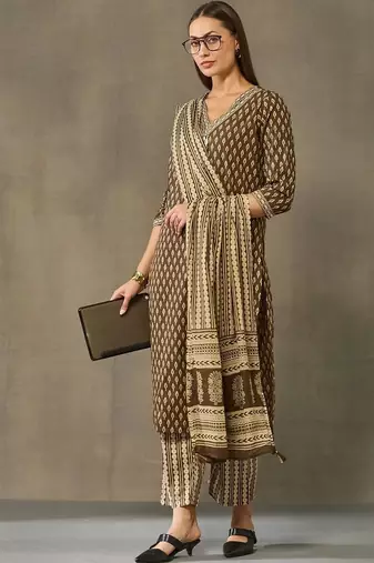 women printed regular cotton kurta with palazzos & with dupatta