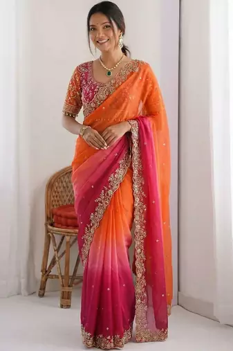 multicolor ombre embroidered tissue heavy work saree