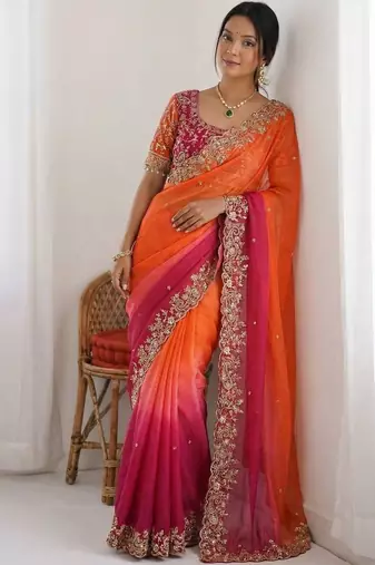 multicolor ombre embroidered tissue heavy work saree