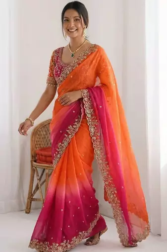 multicolor ombre embroidered tissue heavy work saree