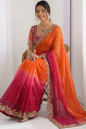 multicolor ombre embroidered tissue heavy work saree