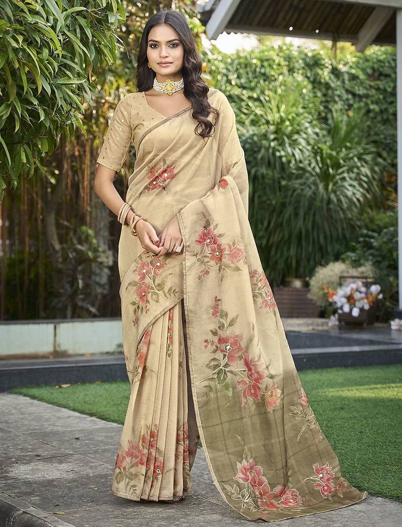 cream floral aari work tissue kanjeevaram saree