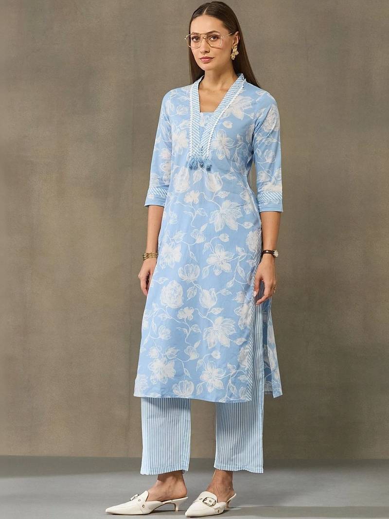 women floral printed regular cotton kurta with palazzos & with dupatta