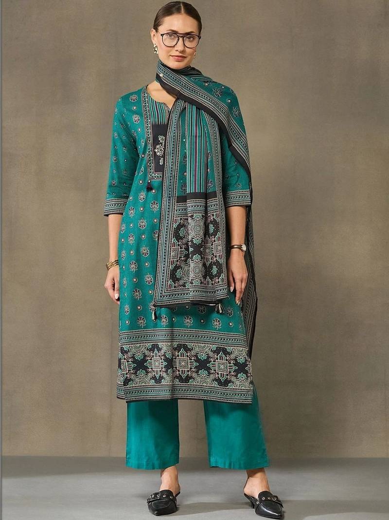 women ethnic motifs printed regular cotton kurta with palazzos & with dupatta