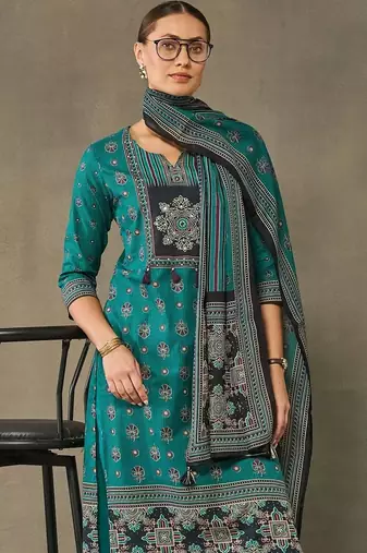 women ethnic motifs printed regular cotton kurta with palazzos & with dupatta
