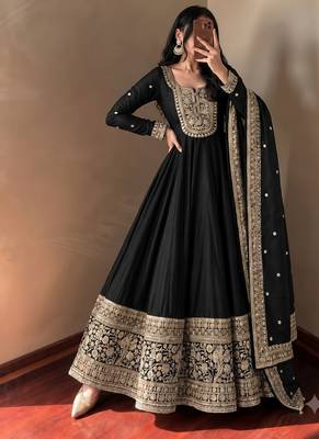 Women's black heavy zari & sequins work anarkali suit set with straight pant and embroidered dupatta 3